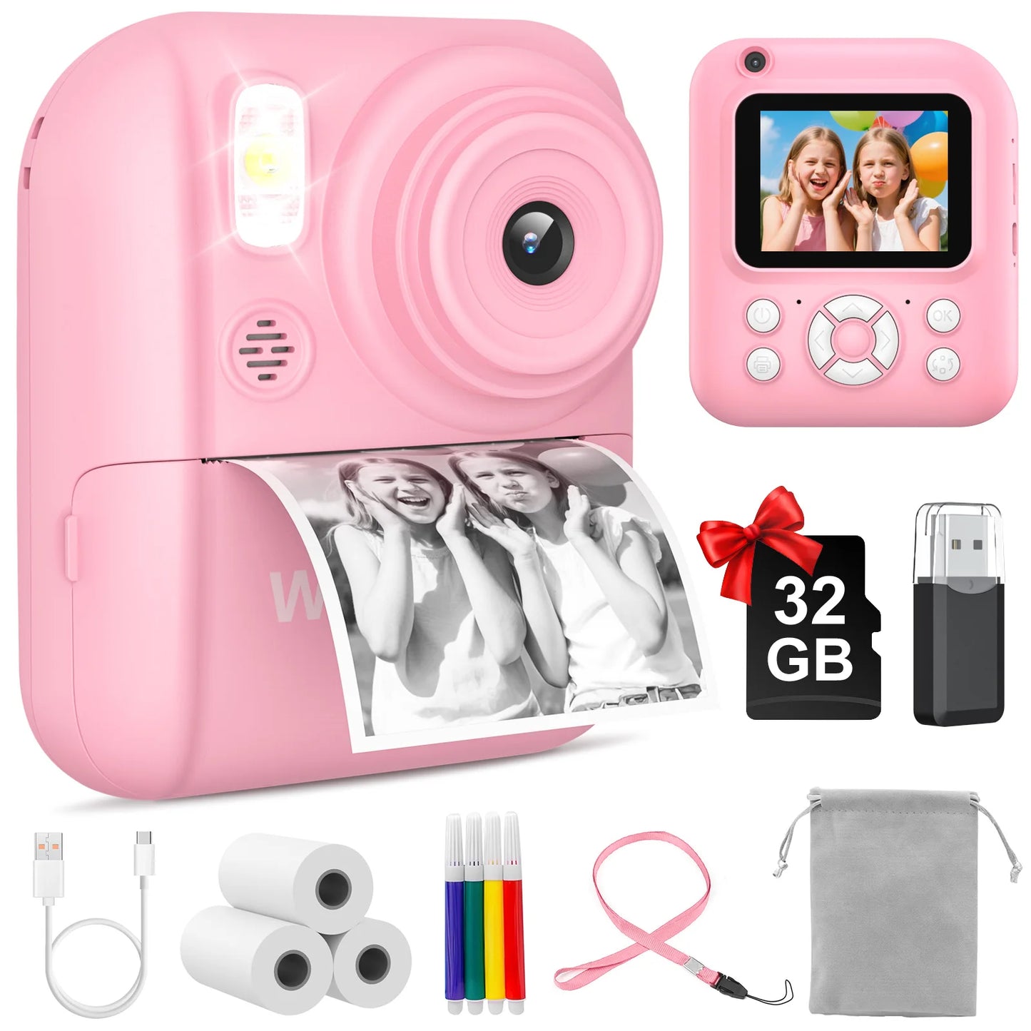 Kids Camera Instant Print,Instant Camera for Kids,2.5K UHD Digital Camera with 2.6" LCD, Dual Camera,16X Zoom, Games, 32G SD Card,Birthday Gifts for 3-10 Year Old Girls Boys