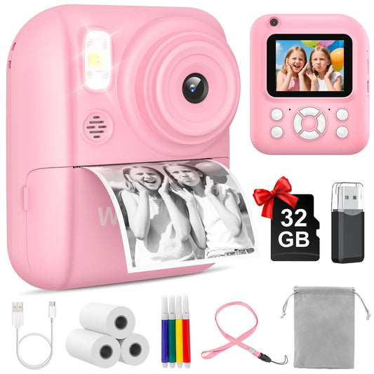 W&O Kids Instant Print Camera | Digital Camera with B&W Photo Printer, Dual Lens, 32GB Card & 3 Paper Rolls