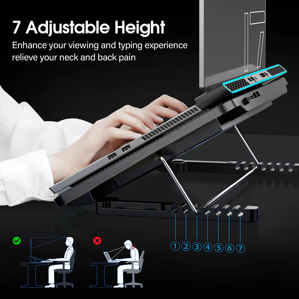 CoolFlow™ Laptop Cooling Pad with 6 Quiet Fans | Adjustable Cooling Stand for 12"-17.3" Laptops with Phone Holder