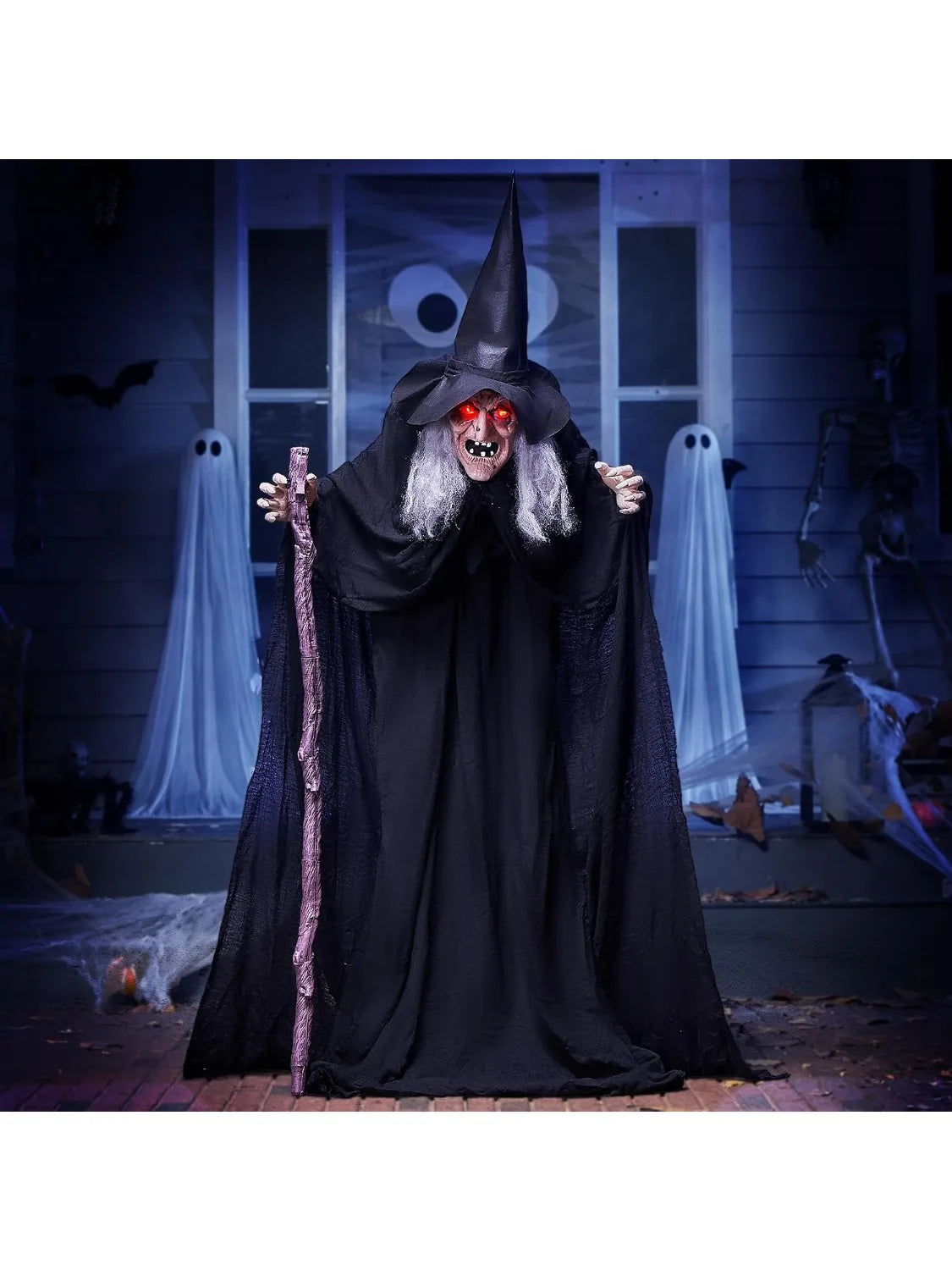 6 FT Animatronic Witch with Cane – Sound Activated Halloween Decoration with Light-Up Eyes