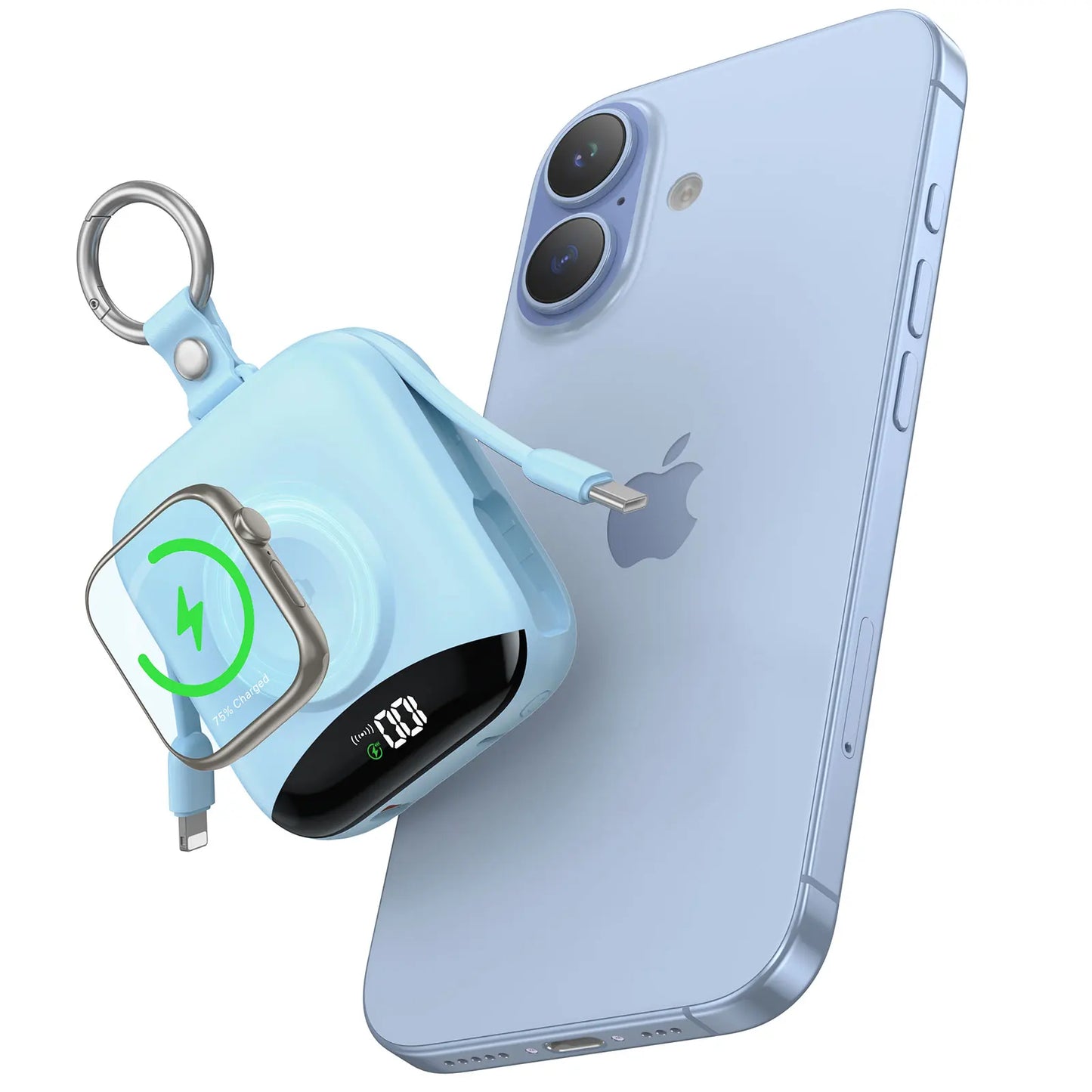 10000mAh Power Bank for Apple Watch Wireless Charger Built-in Lightning & Type-C Cables, LED Digital Display,Compact Keychain