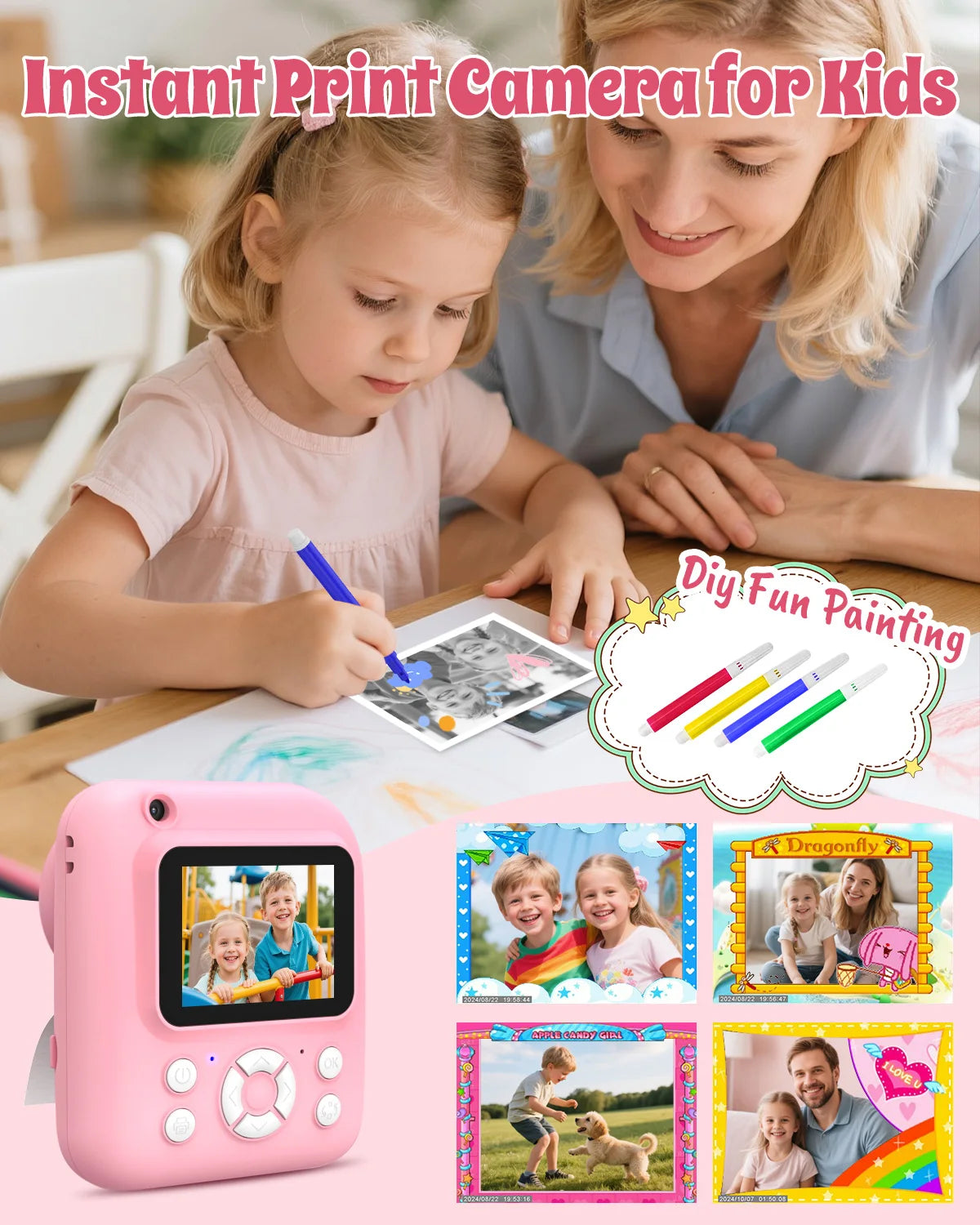 Kids Camera Instant Print,Instant Camera for Kids,2.5K UHD Digital Camera with 2.6" LCD, Dual Camera,16X Zoom, Games, 32G SD Card,Birthday Gifts for 3-10 Year Old Girls Boys