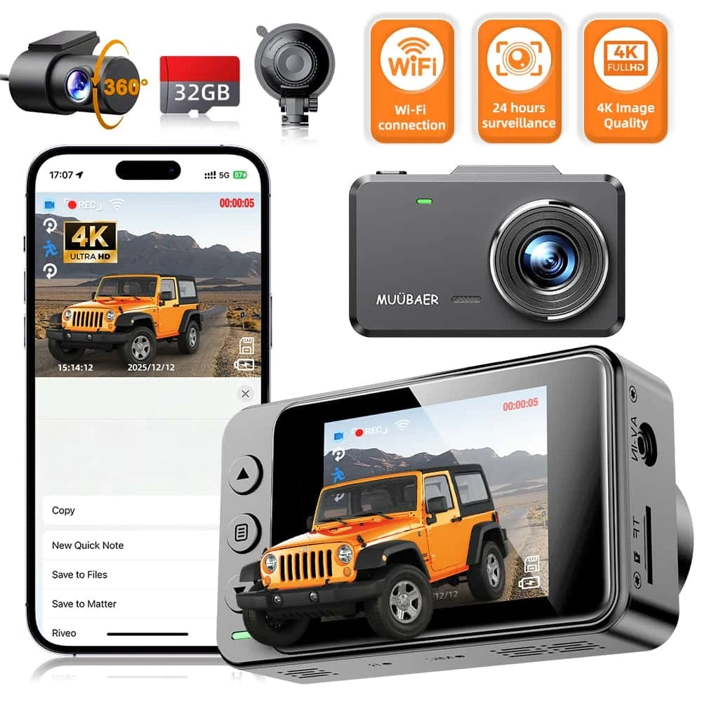 4K 360° WiFi Dash Cam with GPS & Quad Camera Recording