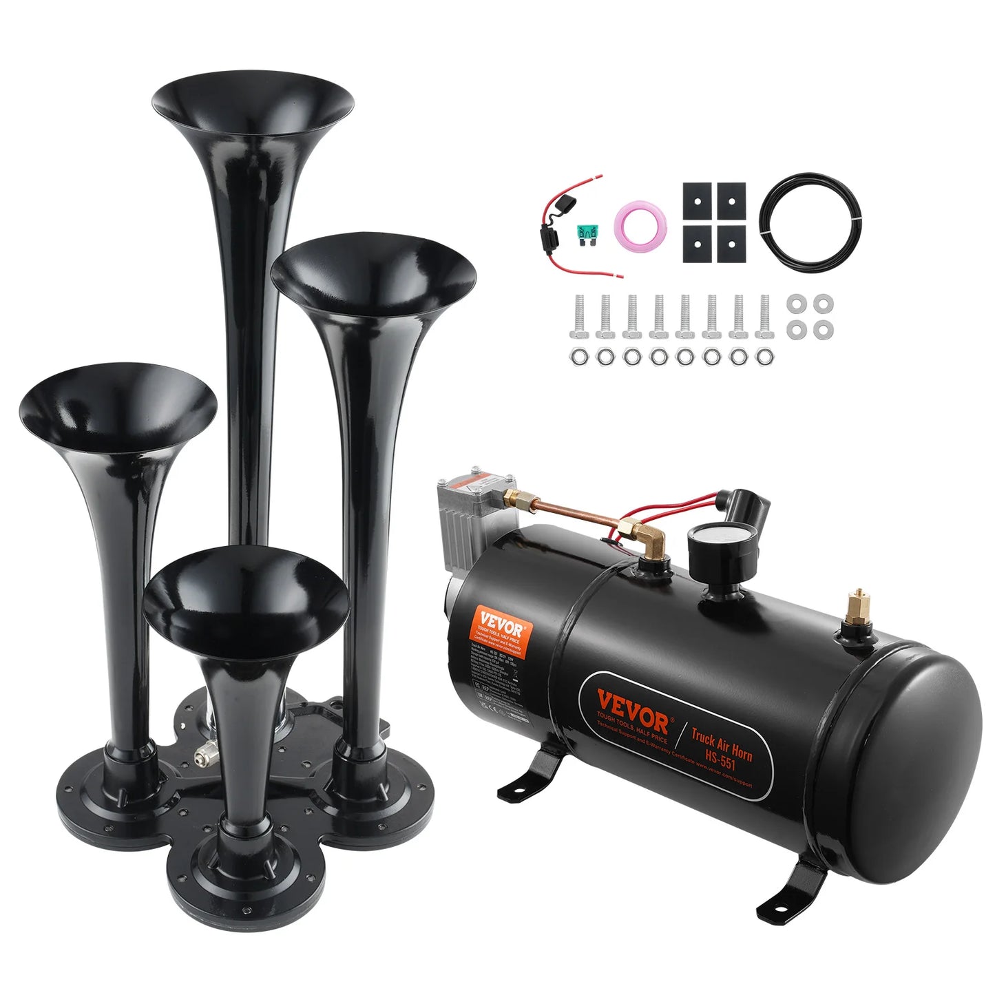 SucceBuy Train Horns Kit, 4 Trumpet Air Horn Kit, 150dB Train Horns for Pickup Trucks 12V 120 psi Air Compressor for Truck Train