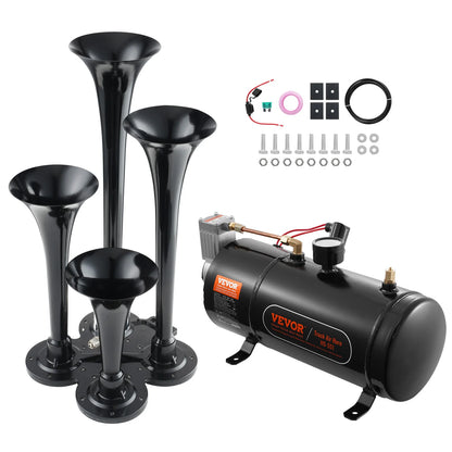 SucceBuy Train Horns Kit, 4 Trumpet Air Horn Kit, 150dB Train Horns for Pickup Trucks 12V 120 psi Air Compressor for Truck Train