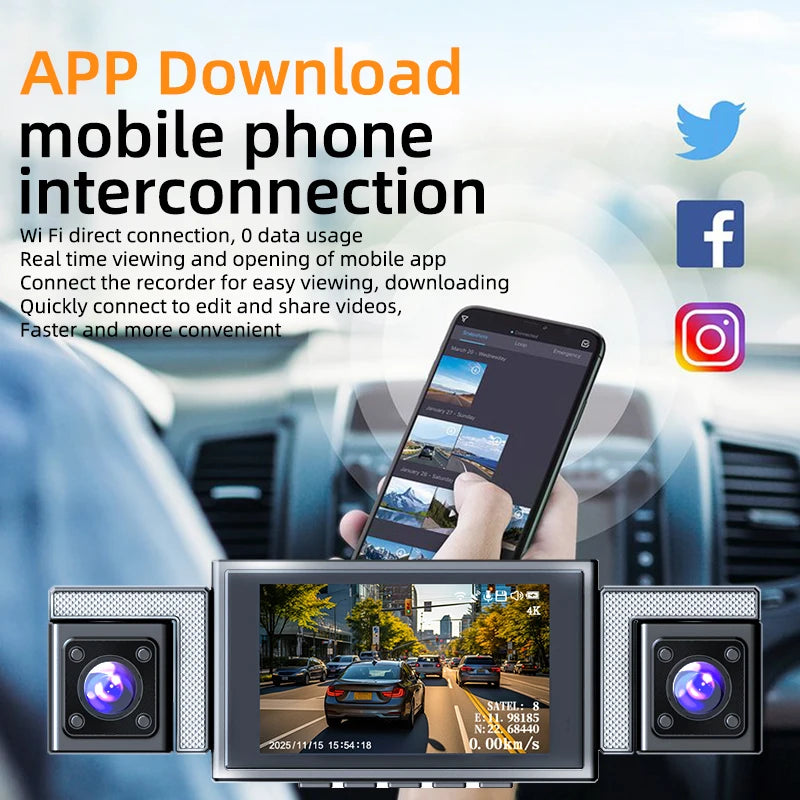 4K 360° WiFi Dash Cam with GPS & Quad Camera Recording