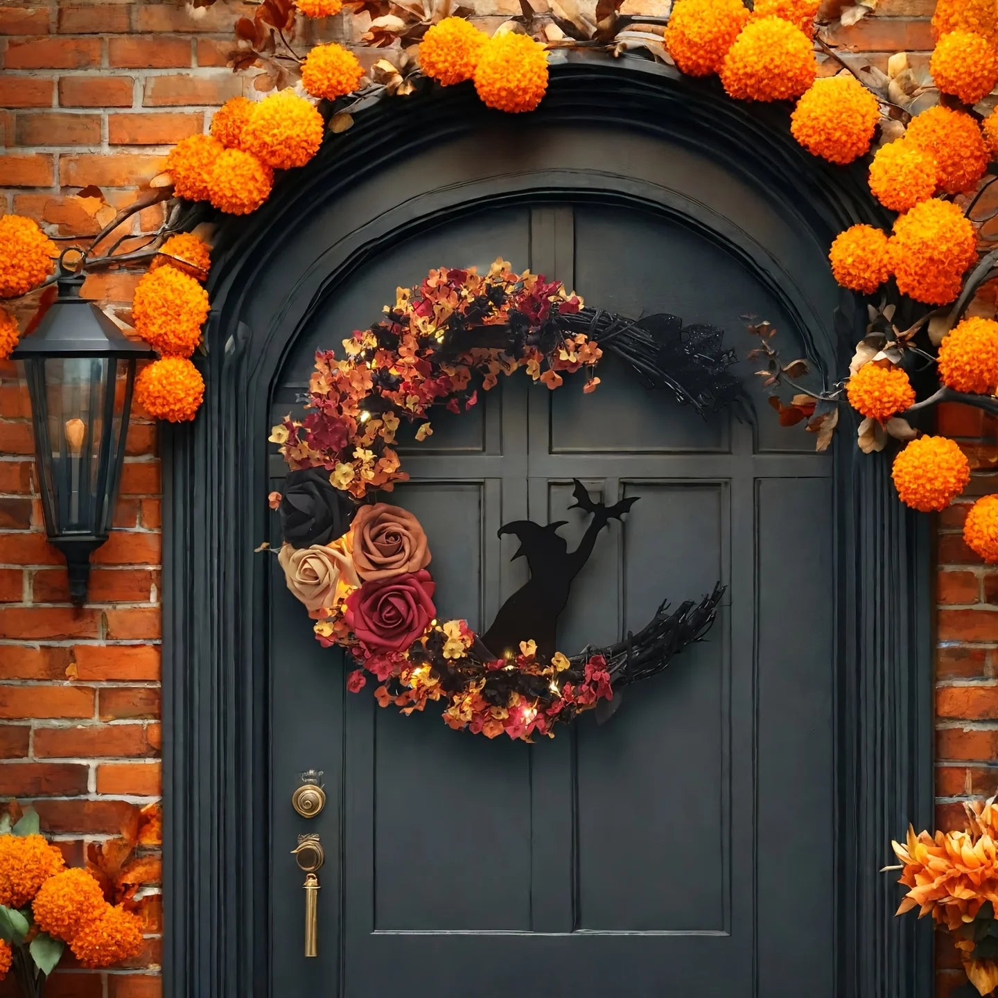 Gothic Halloween Wreath - Witch Cat Moon Silhouette with Autumn Leaves & Roses