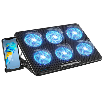 CoolFlow™ Laptop Cooling Pad with 6 Quiet Fans | Adjustable Cooling Stand for 12"-17.3" Laptops with Phone Holder