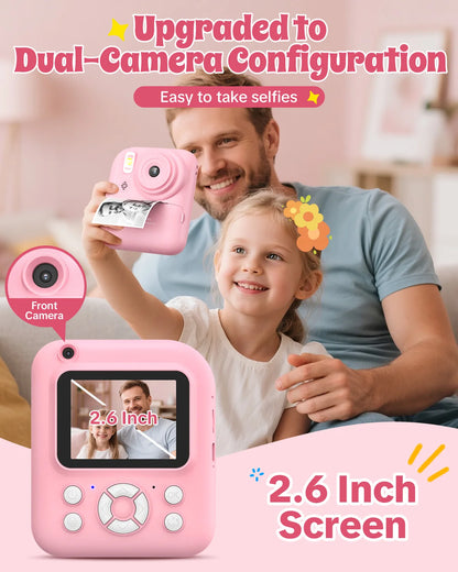 Kids Camera Instant Print,Instant Camera for Kids,2.5K UHD Digital Camera with 2.6" LCD, Dual Camera,16X Zoom, Games, 32G SD Card,Birthday Gifts for 3-10 Year Old Girls Boys
