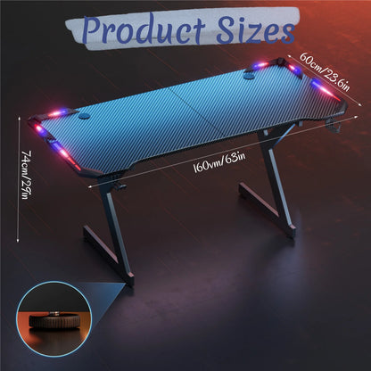RGB LED Gaming Desk with Cup Holder & Headphone Hook | Carbon Fiber Computer Desk