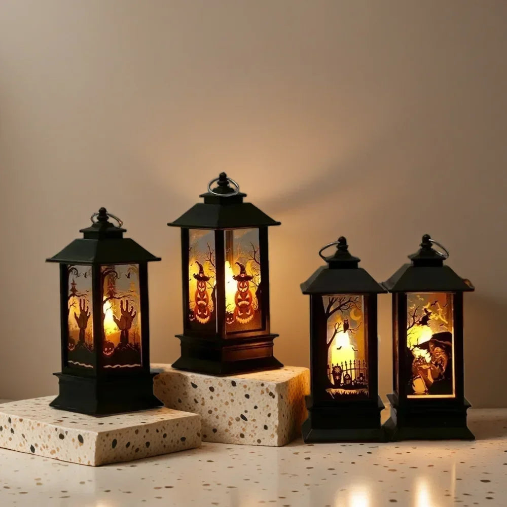 LED Spooky Halloween Lantern - with Flickering Candlelight, Spooky Witch, Pumpkin and Skeleton