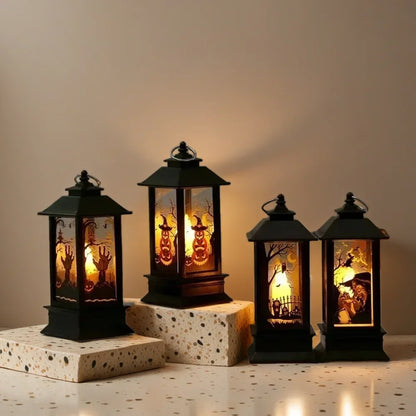 LED Spooky Halloween Lantern - with Flickering Candlelight, Spooky Witch, Pumpkin and Skeleton