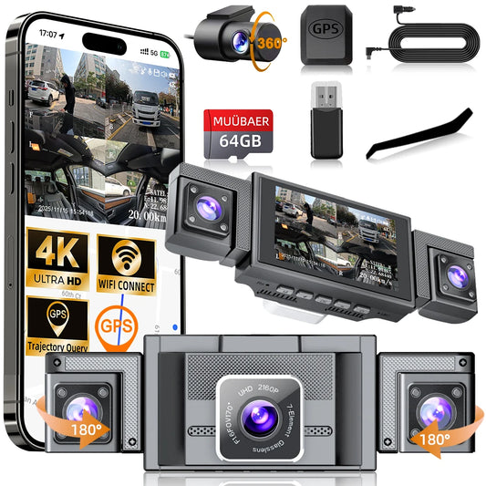 4K 360° WiFi Dash Cam with GPS & Quad Camera Recording