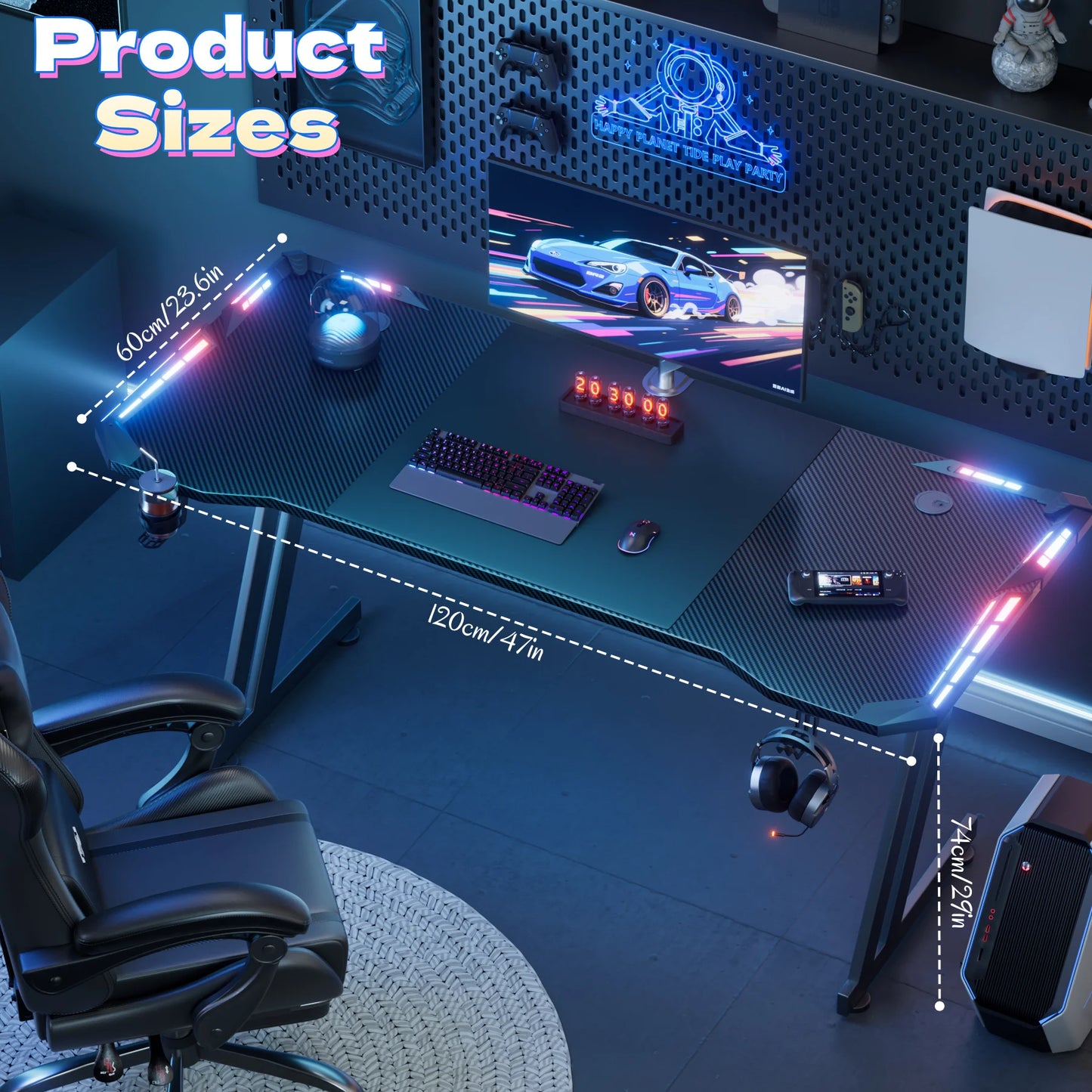 120/140/160cm Gaming Desk with LED Lights, Z Shaped Gaming Table with Cup Holder & Headphone Hook, Ergonomic Computer Table