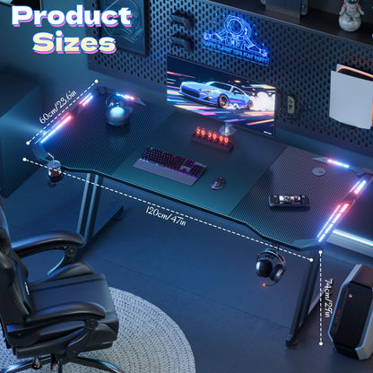 120/140/160cm Gaming Desk with LED Lights, Z Shaped Gaming Table with Cup Holder & Headphone Hook, Ergonomic Computer Table