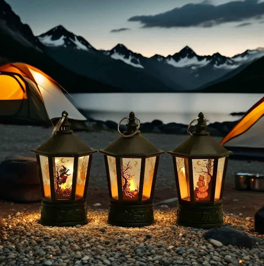 LED Spooky Halloween Lantern - with Flickering Candlelight, Spooky Witch, Pumpkin and Skeleton