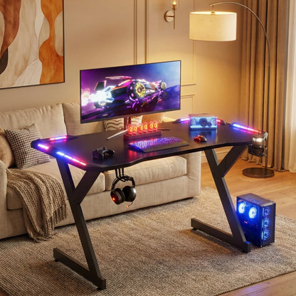 RGB LED Gaming Desk with Cup Holder & Headphone Hook | Carbon Fiber Computer Desk
