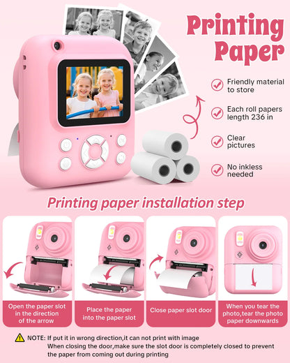 Kids Camera Instant Print,Instant Camera for Kids,2.5K UHD Digital Camera with 2.6" LCD, Dual Camera,16X Zoom, Games, 32G SD Card,Birthday Gifts for 3-10 Year Old Girls Boys
