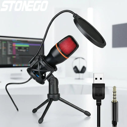 Professional USB Condenser Microphone Kit with RGB Lighting Tripod Stand for Gaming Streaming Podcast YouTube Video Recording PC Laptop Mute Button Voice Changer Cardioid Plug and Play Noise Cancelling Studio Mic
