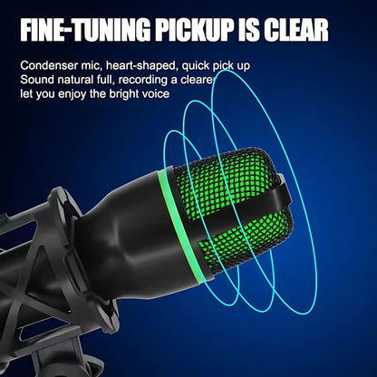 Professional USB Condenser Microphone Kit with RGB Lighting Tripod Stand for Gaming Streaming Podcast YouTube Video Recording PC Laptop Mute Button Voice Changer Cardioid Plug and Play Noise Cancelling Studio Mic