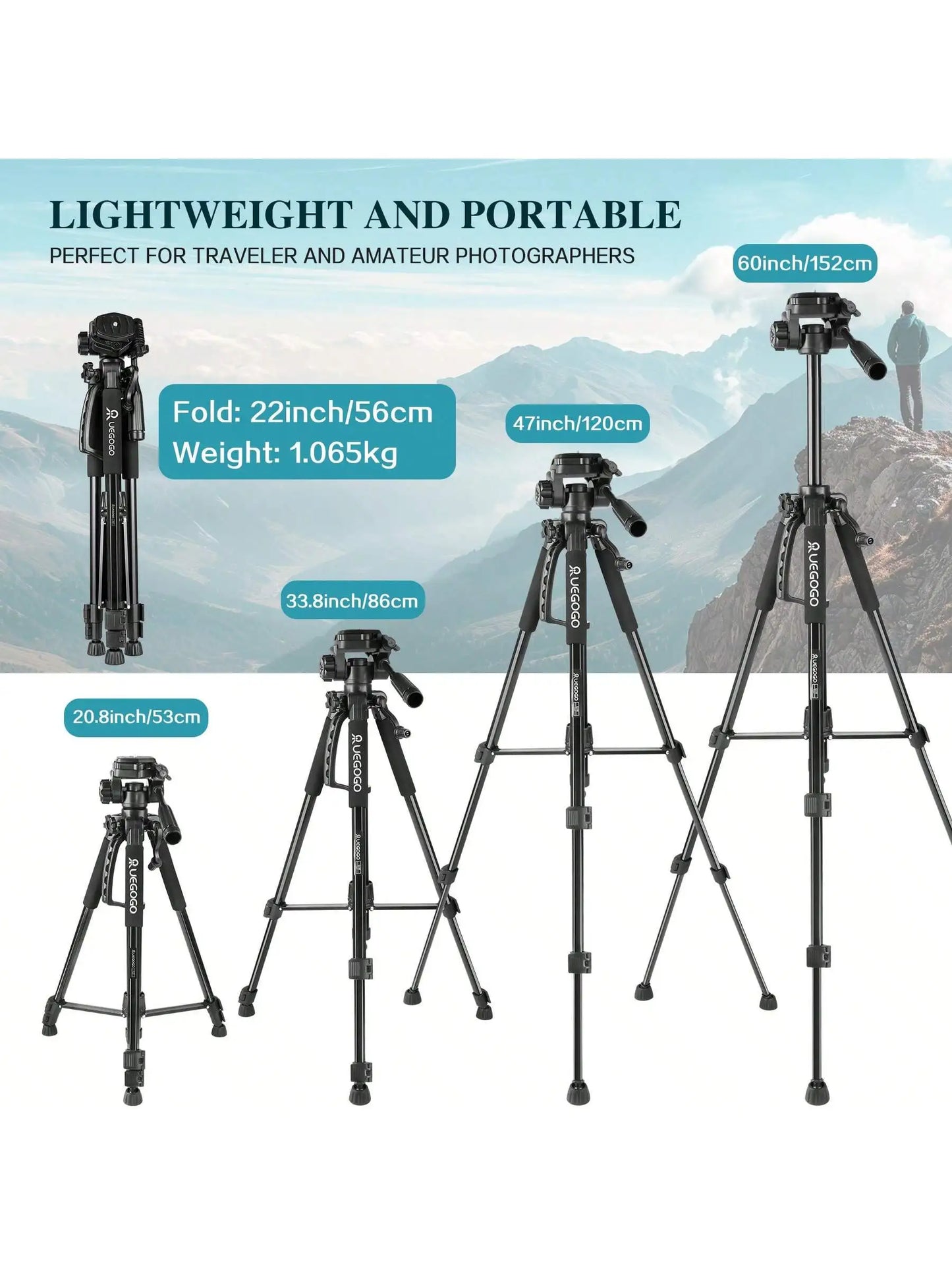 152cm Tripod Stand, 60 Inch Professional Camera Tripod Kit - Sturdy, Portable, With Carry Bag And Phone Holder