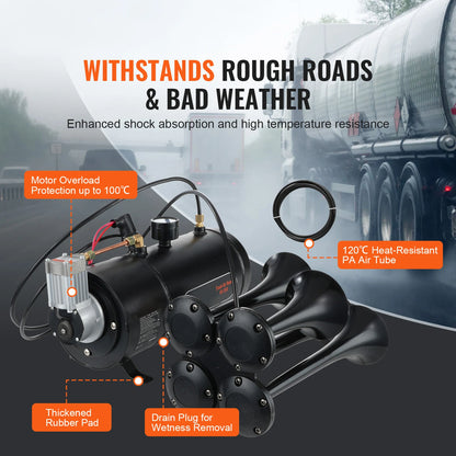 SucceBuy Train Horns Kit, 4 Trumpet Air Horn Kit, 150dB Train Horns for Pickup Trucks 12V 120 psi Air Compressor for Truck Train