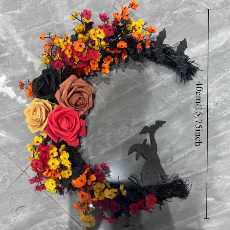 Gothic Halloween Wreath - Witch Cat Moon Silhouette with Autumn Leaves & Roses