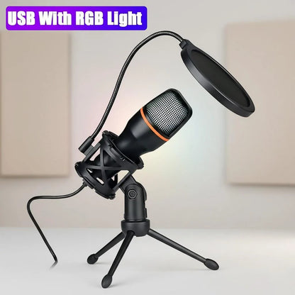 Professional USB Condenser Microphone Kit with RGB Lighting Tripod Stand for Gaming Streaming Podcast YouTube Video Recording PC Laptop Mute Button Voice Changer Cardioid Plug and Play Noise Cancelling Studio Mic