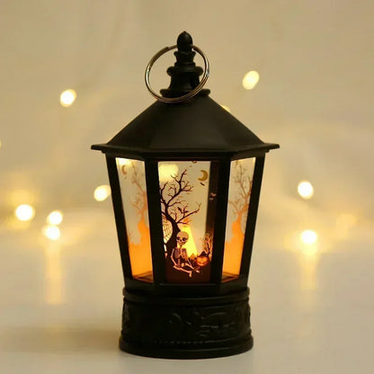 LED Spooky Halloween Lantern - with Flickering Candlelight, Spooky Witch, Pumpkin and Skeleton