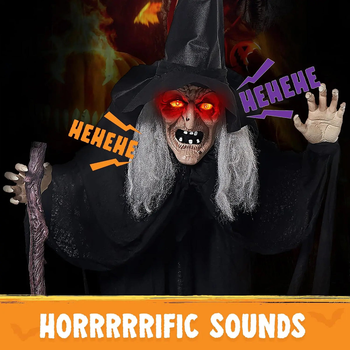 6 FT Animatronic Witch with Cane – Sound Activated Halloween Decoration with Light-Up Eyes