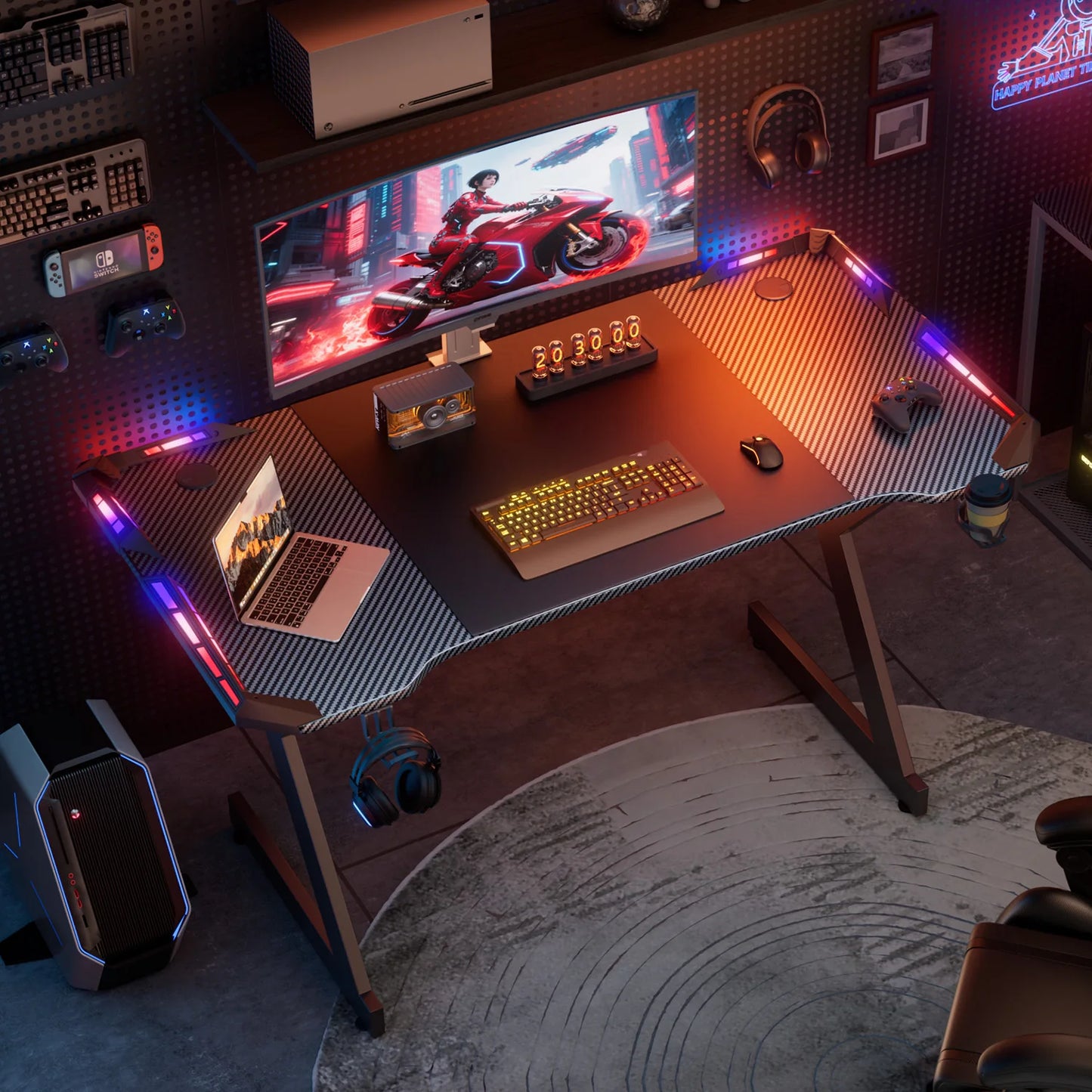 RGB LED Gaming Desk with Cup Holder & Headphone Hook | Carbon Fiber Computer Desk