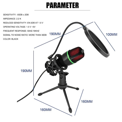 Professional USB Condenser Microphone Kit with RGB Lighting Tripod Stand for Gaming Streaming Podcast YouTube Video Recording PC Laptop Mute Button Voice Changer Cardioid Plug and Play Noise Cancelling Studio Mic