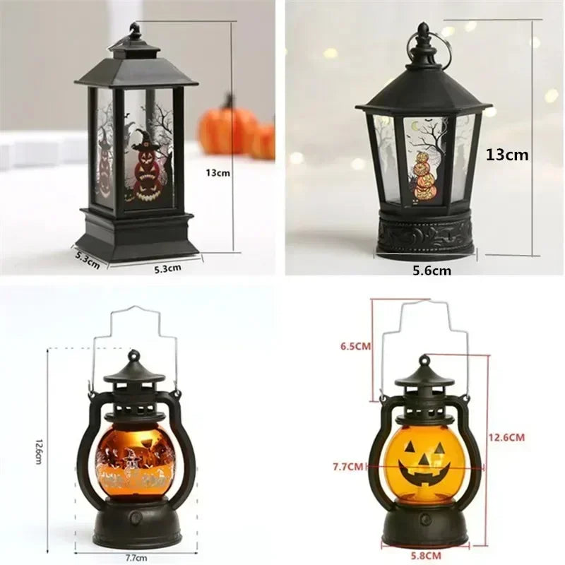LED Spooky Halloween Lantern - with Flickering Candlelight, Spooky Witch, Pumpkin and Skeleton