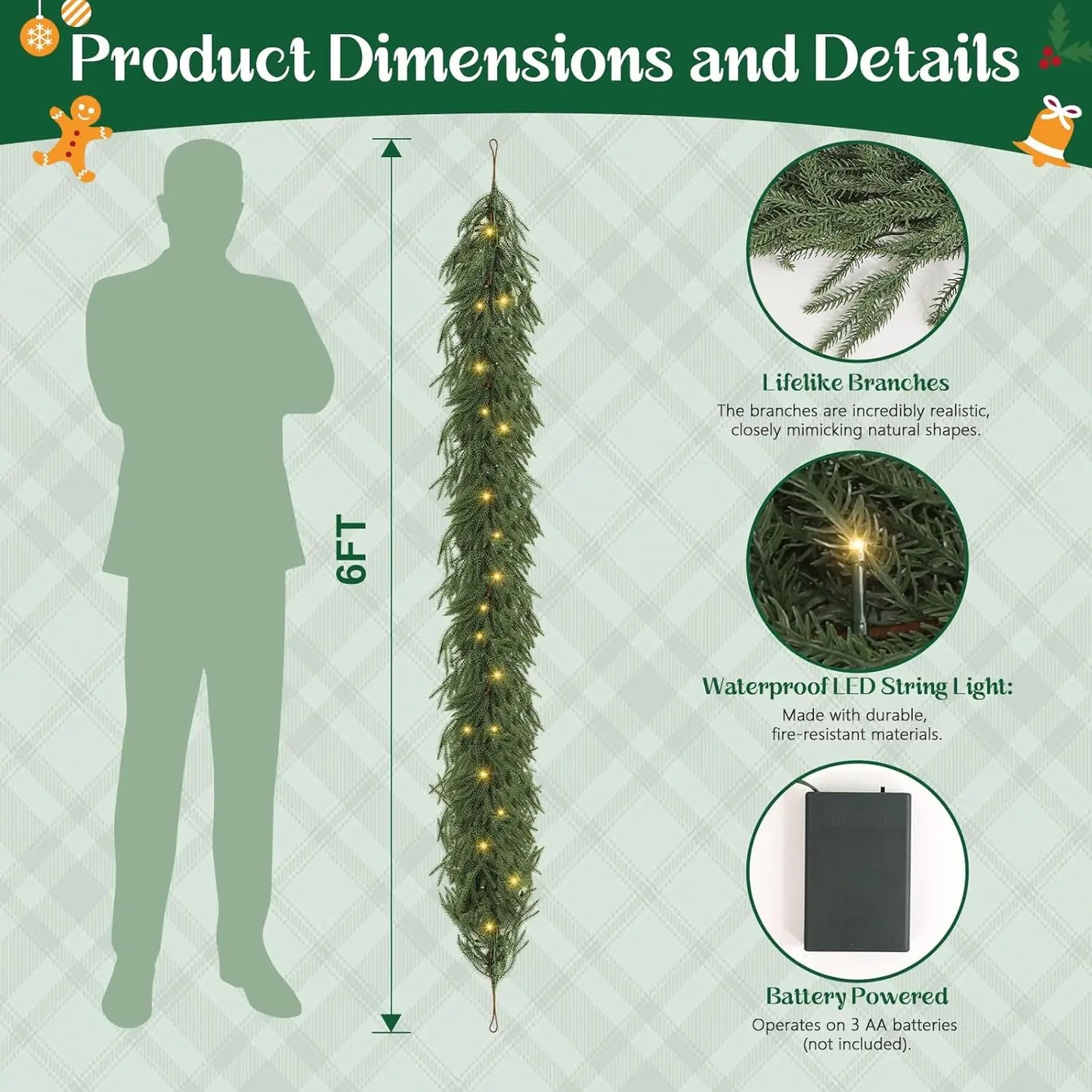 Norfolk Pine Garland for Christmas and Holiday Décor - 6Ft/9Ft Natural, Pre-Lit, Fluffy