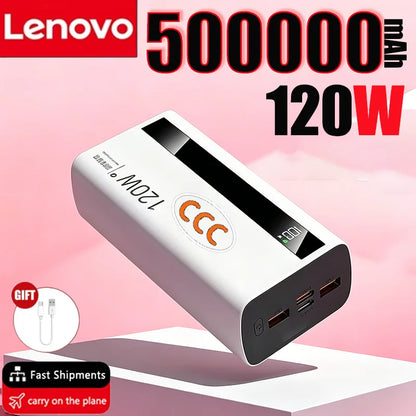 Lenovo 500000mAh 120W Portable Power Bank Large Capacity Super Fast Charge External Battery For Xiaomi Iphone 2026New