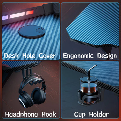 RGB LED Gaming Desk with Cup Holder & Headphone Hook | Carbon Fiber Computer Desk