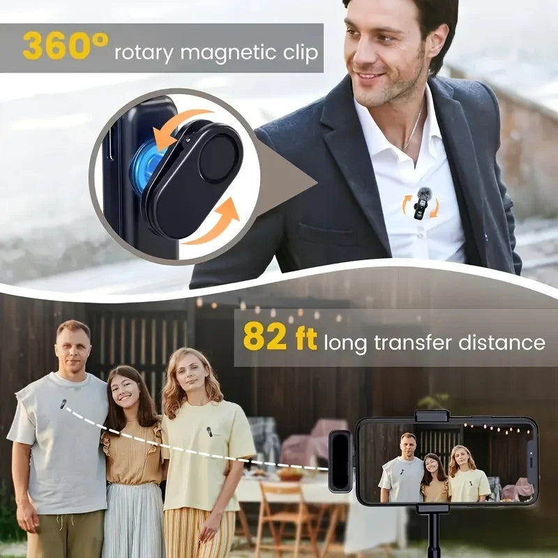 Professional wireless lavalier microphone with digital battery level indicator, 360 °   omnidirectional pickup, USB-C port, 100-foot operating range, 2.4 GHz wireless capability, professional noise reduction via DSP chip, an