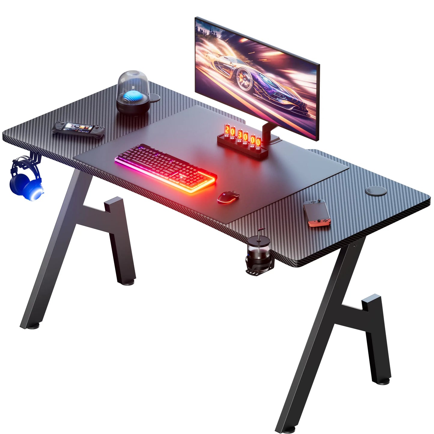 A-Frame Carbon Fiber Gaming Desk with Cup Holder & Headphone Hook