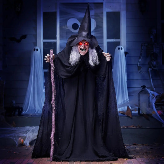 6 FT Animatronic Witch with Cane – Sound Activated Halloween Decoration with Light-Up Eyes