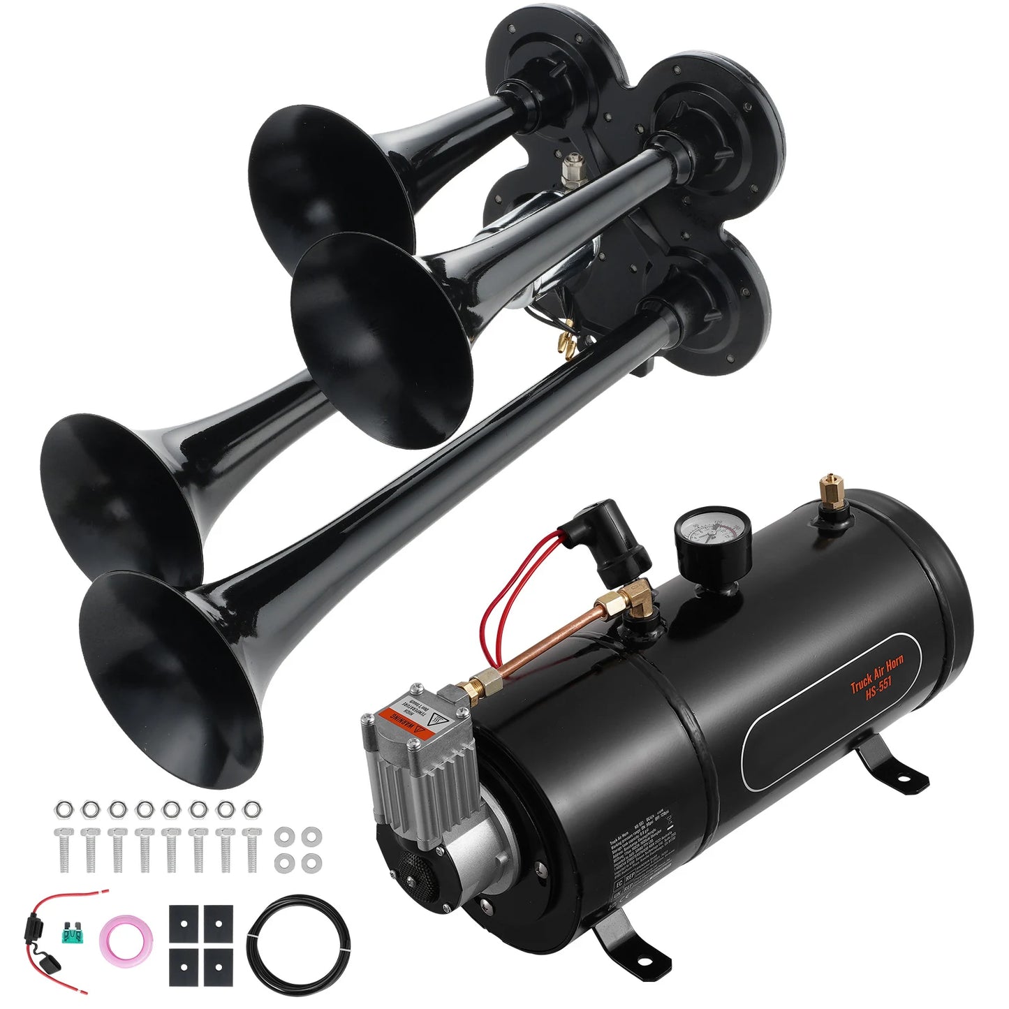 SucceBuy Train Horns Kit, 4 Trumpet Air Horn Kit, 150dB Train Horns for Pickup Trucks 12V 120 psi Air Compressor for Truck Train