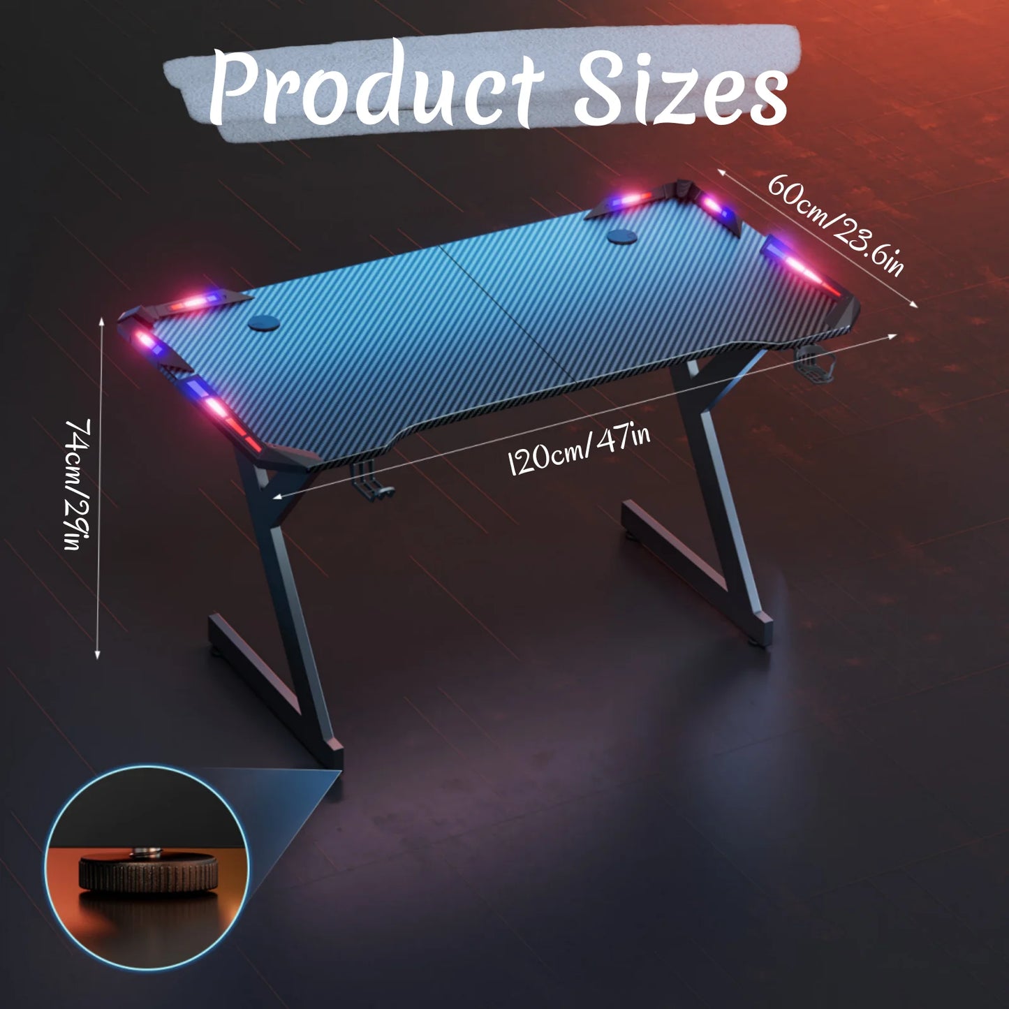 RGB LED Gaming Desk with Cup Holder & Headphone Hook | Carbon Fiber Computer Desk