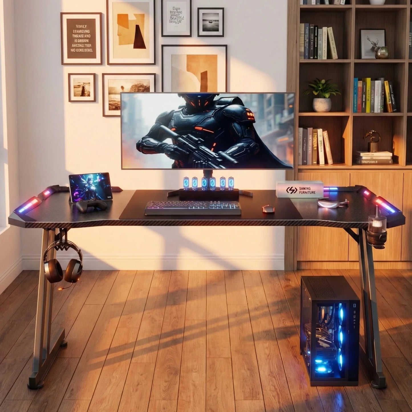 120/140/160cm Gaming Desk with LED Lights, Z Shaped Gaming Table with Cup Holder & Headphone Hook, Ergonomic Computer Table