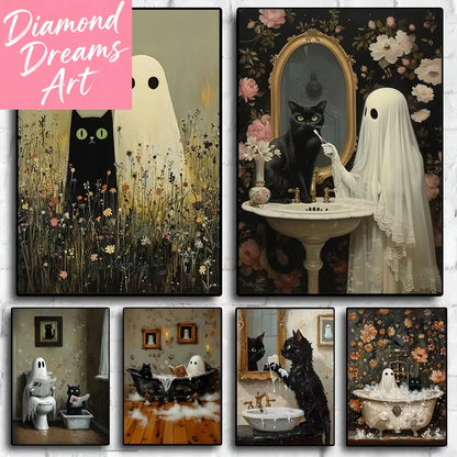 Spooky Nights™ DIY Halloween Diamond Painting Kit – Ghost & Black Cat Collection