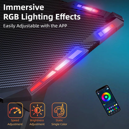 RGB LED Gaming Desk with Cup Holder & Headphone Hook | Carbon Fiber Computer Desk