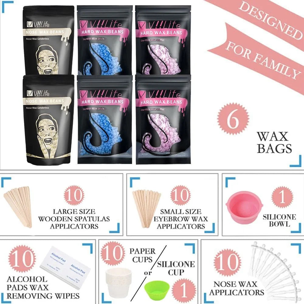 VIILIFE Waxing Kit Women Men Wax Warmer Hair Removal At Home With 6 Bags Beans Body Waxing For Eyebrows Nose Cheeks Arms Bikinis