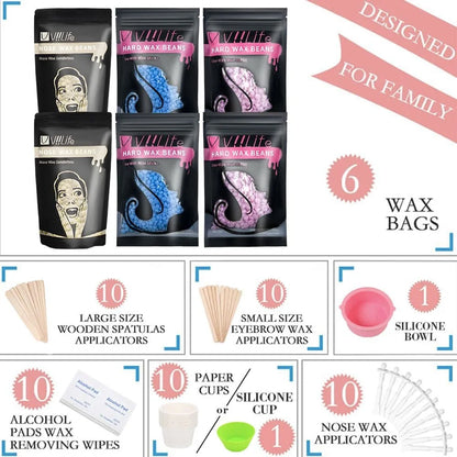 VIILIFE Waxing Kit Women Men Wax Warmer Hair Removal At Home With 6 Bags Beans Body Waxing For Eyebrows Nose Cheeks Arms Bikinis