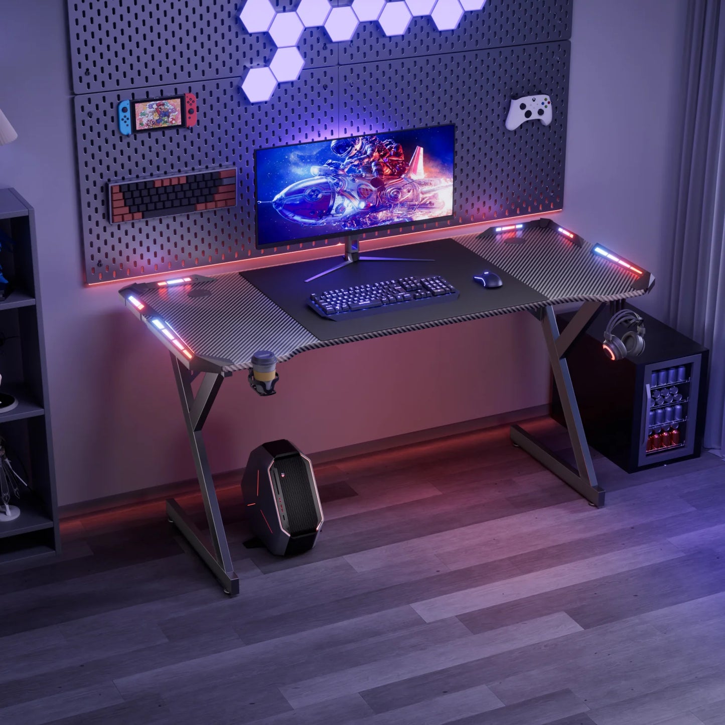 RGB LED Gaming Desk with Cup Holder & Headphone Hook | Carbon Fiber Computer Desk