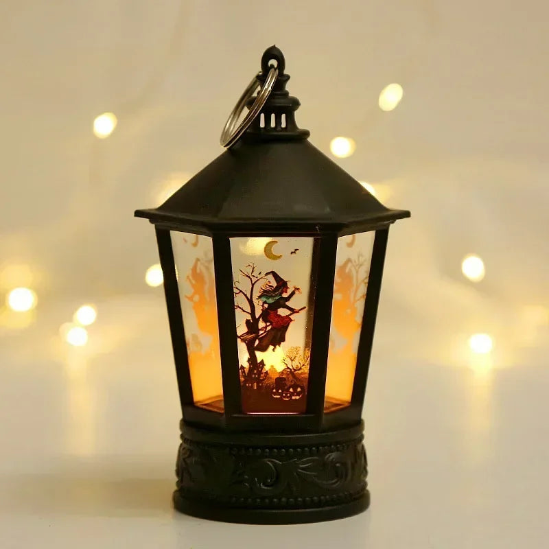 LED Spooky Halloween Lantern - with Flickering Candlelight, Spooky Witch, Pumpkin and Skeleton