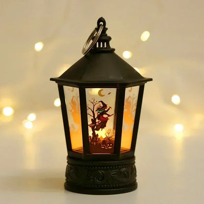 LED Spooky Halloween Lantern - with Flickering Candlelight, Spooky Witch, Pumpkin and Skeleton