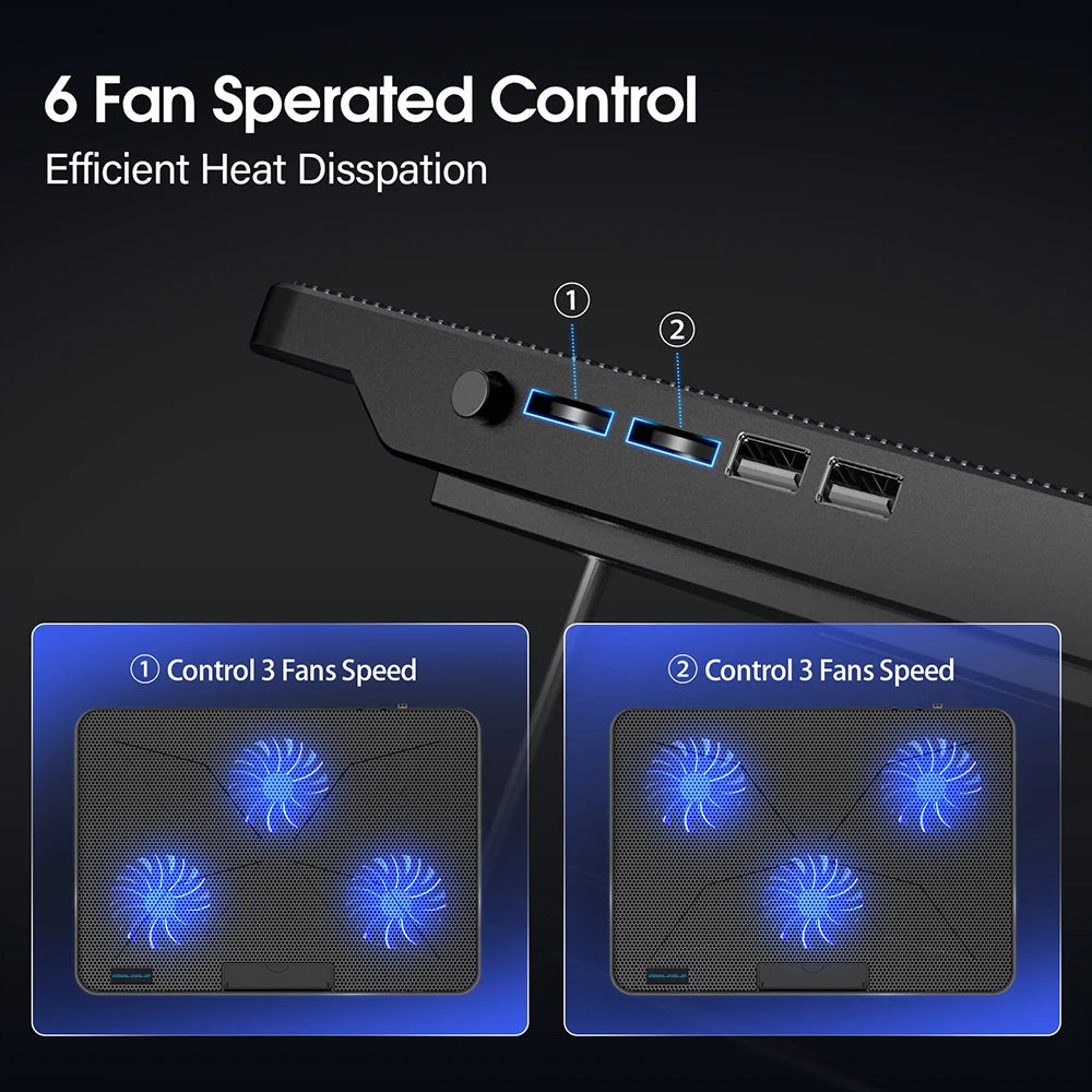CoolFlow™ Laptop Cooling Pad with 6 Quiet Fans | Adjustable Cooling Stand for 12"-17.3" Laptops with Phone Holder